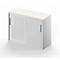 White cabinet with sliding doors. Two elongated handles. Rectangular shape, simple background.