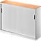 White cabinet with two sliding doors and a wooden top. Black handles. The doors are slightly open.