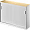 White cabinet with sliding doors and wooden top.