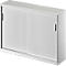 White cabinet with two sliding doors. The handles are black.