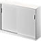 White cabinet with sliding doors and handles. The cabinet is slightly slanted in the image.