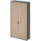 Wooden-look cabinet. Gray frame, two doors with handles. On a light background.