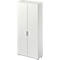 Tall white cabinet with two doors and silver handles.