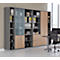 Large grey office cabinet with wood and glass doors. Filled with folders, files, and decor.