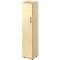 Tall wooden cabinet with one door, a handle and black feet. The cabinet stands in front of a white background.