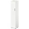 White cabinet with a rectangular shape. A narrow, silver handle and small feet can be seen.