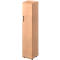 Narrow beige cabinet with one door, silver handle. Stands on black feet.
