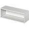 White, rectangular wall shelf. Closed on top, bottom and sides, open at the front.