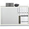 White cabinet with roller shutter, grey drawers and black vase. Open compartments with white binders.
