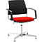 Office chair with red seat, black back and armrests, chrome frame.