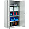Open gereedschapskast met gereedschap en accessoires, gevuld met dozen, laden en kabelhaspels.
