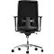 Back view of a black office chair with adjustable armrests and wheels.