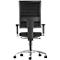 Black office chair, back view. Mesh backrest, armrests, seat and caster base.