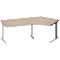 Un bureau d'angle clair avec un plateau en bois et des pieds argentés.