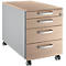 Schäfer Shop Pure Caisson à roulettes 1233, 3 tiroirs &amp; 1 tiroir à ustensiles, verrouillable, poignées rondes, L 435 x P 765 x H 577 mm, alu blanc/alu blanc/décor chêne