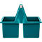 Turquoise tool caddy with handle, two compartments and light gray handle. It stands against a white background.