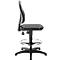 Chaise de bureau noire de profil, dossier haut, repose-pieds, sur fond blanc.