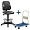 Chaise de travail noire et chariot roulant bleu, reliés par un signe plus.
