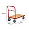 Un chariot à plateforme rouge avec un plateau en bois. Les dimensions du chariot sont indiquées sur fond blanc.