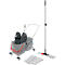 Complete mop set with bucket, mop, replacement mops. Bucket with wheels and wringing device. Mop with red holder and replacement pads.