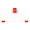 Couvercle en plastique transparent avec des attaches rouges et un interrupteur rouge central.