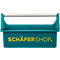 Turkoois gereedschapskist met witte handgreep. Gele letters: SCHÄFER SHOP.
