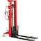 Red manual forklift with black forks and wheels. Inscription: SCHÄFFERJACK.