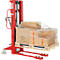 Red hand pallet truck with goods on a pallet. Pallets with boxes under foil, inscription 'Thank you!'.