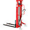 A red pallet stacker against a white background. It has two forks facing forward and a handle for lifting.
