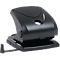 Black hole punch on white background. The device has a curved shape and a round button. It is an office supply.