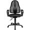 Black office chair with mesh back and armrests on casters.