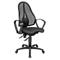Black office chair with mesh back, armrests and castors.