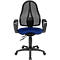 Office chair with a black mesh back and a blue seat. The armrests are black.