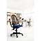 Office chair with mesh back and blue seat. Other chairs and desks in the background.