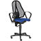 Office chair: Black frame, mesh back, blue seat. The armrests are curved, the base has castors.