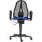 Office chair, black frame, blue seat, gray mesh backrest, armrests.