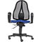 Office chair with black mesh back, blue seat, and black armrests. Rolling base.
