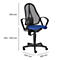 Office chair with mesh back, blue seat, black armrests and wheels. Size indications.