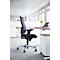Black office chair at a desk in a bright office. The chair has a mesh back and castors. The desk is equipped with a laptop.