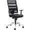 Black office chair with mesh back and armrests. On castors. Front view, against a white background.
