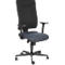 Black office chair, upholstered in blue, with armrests and castors.