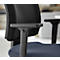 Close-up of a black office chair, focusing on the armrest and backrest.