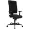 Black office chair with backrest, armrests and castors. Detailed shot.