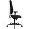 Black office chair in profile: high backrest, seat and armrests. Rotatable, with castors.