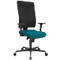 Office chair in black and turquoise. It has a high backrest, armrests and castors.