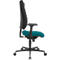 Side view of an office chair: Black backrest, teal seat, black frame. Rolling feet.