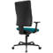 Office chair from the back, with black backrest and teal seat. On castors.