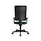 Back view of a black office chair with turquoise seat against a white background.