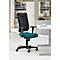 Office chair with black backrest and armrests. Teal seat. Castors, black frame.
