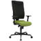 Office chair: Black backrest, green seat, armrests. Black frame with wheels.